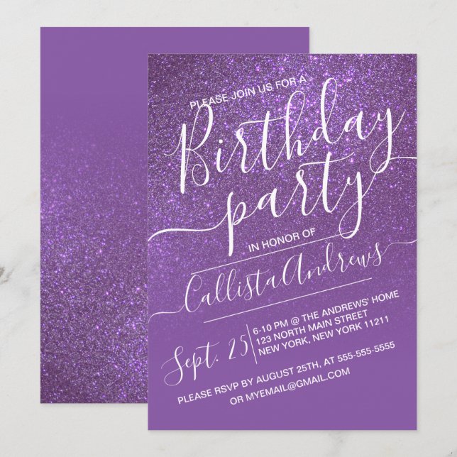 Violet Purple Sparkly Glitter Ombre Birthday Invitation (Front/Back)