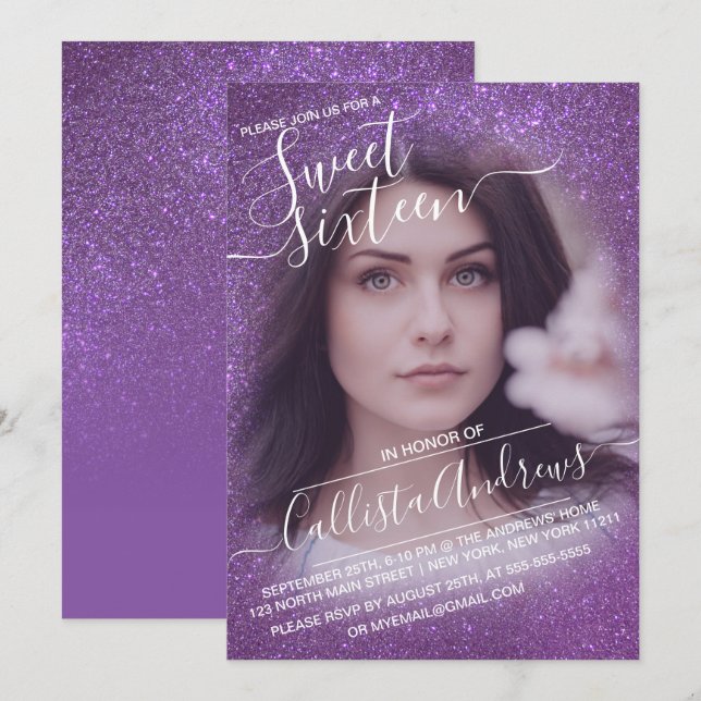 Violet Purple Sparkly Glitter Ombre Photo Sweet 16 Invitation (Front/Back)