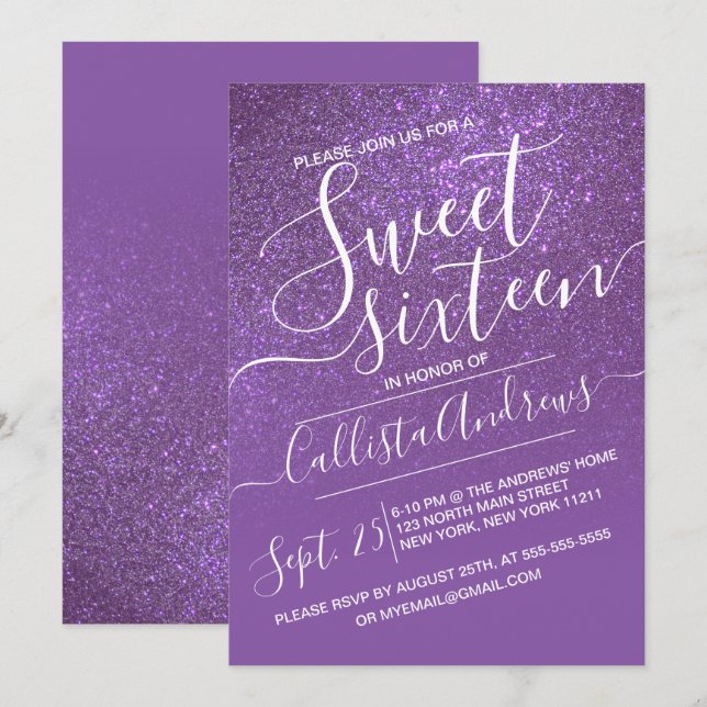 Violet Purple Sparkly Glitter Ombre Sweet 16 Invitation (Front/Back)