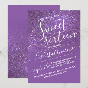 Violet Purple Sparkly Glitter Ombre Sweet 16 Invitation