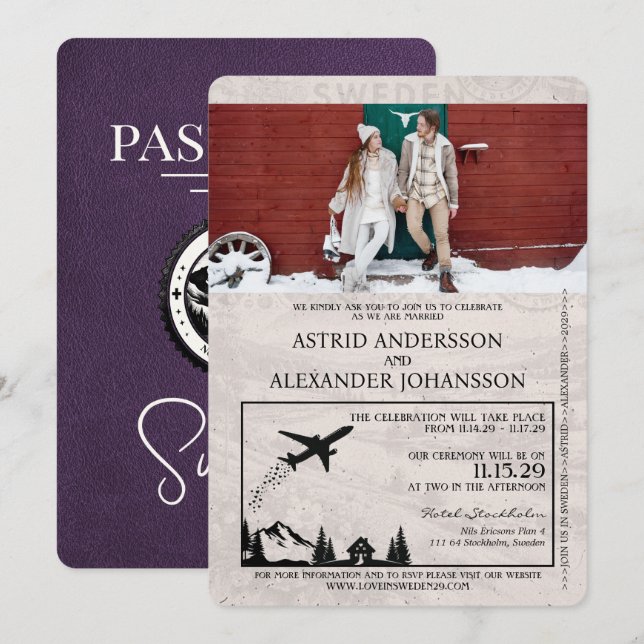 Violet Purple Sweden Passport Wedding Invitation (Front/Back)