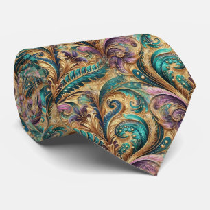 Violet Purple Teal Blue Green Gold Paisley Pattern Tie