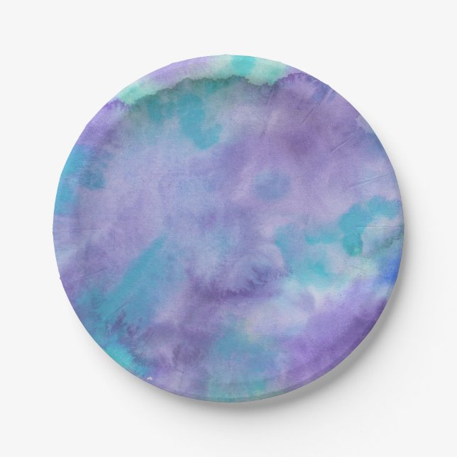 Violet Purple Teal Green Abstract Watercolor Paper Plate (Front)
