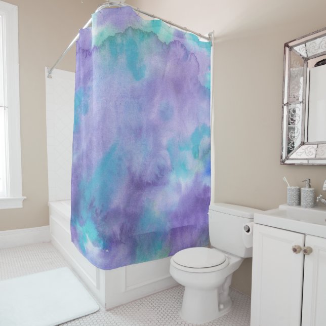 Violet Purple Teal Green Abstract Watercolor Shower Curtain (In Situ)