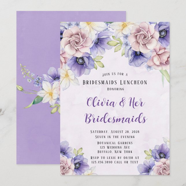 Violet Purple Watercolor Floral Bridesmaids Lunch Invitation (Front/Back)