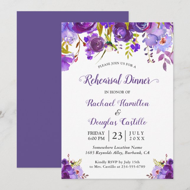 Violet Purple Watercolor Floral Rehearsal Dinner Invitation (Front/Back)
