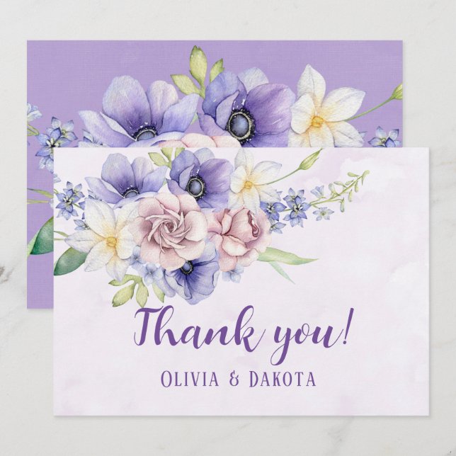 Violet Purple Watercolor Florals Thank You Cards (Front/Back)
