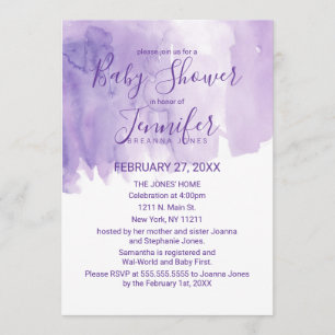 Violet Purple Watercolor Splash Baby Shower Invitation