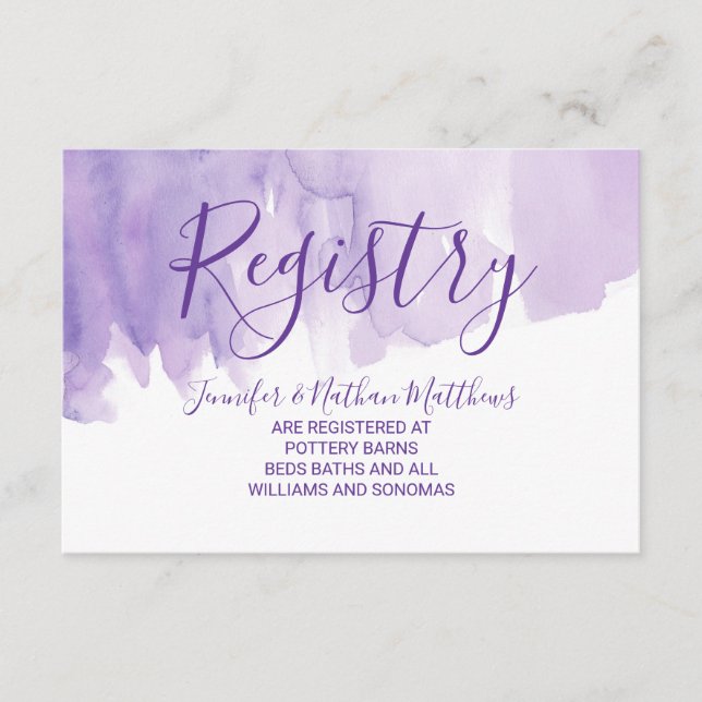 Violet Purple Watercolor Splash Gift Registry Enclosure Card (Front)