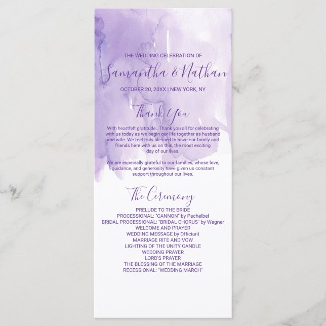 Violet Purple Watercolor Splash Wedding Programs Programme (Front)
