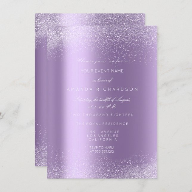 Violet Purple White Glitter Leafs Sand Frame Glam Invitation (Front/Back)