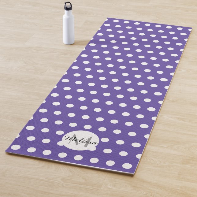 Violet purple white polka dot pattern Monogram Yoga Mat (In Situ)