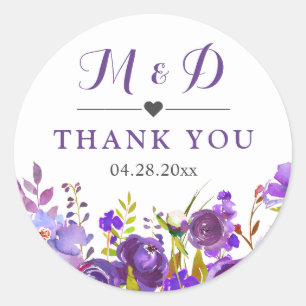 Violet Purple Wild Flowers Monogram Wedding Favour Classic Round Sticker