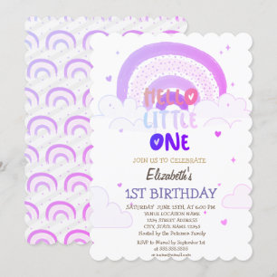 Violet Rainbow Clouds Hello Little One Birthday  Invitation