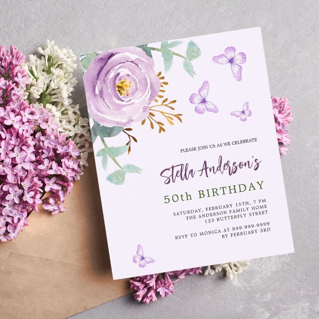 Violet rose butterfly budget birthday invitation (Creator Uploaded)