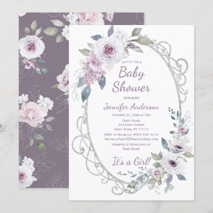 Violet Rose Floral Silver Glitter Girl Baby Shower Invitation