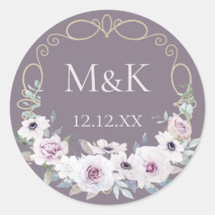 Violet Rose Floral Wreath with Monograms Classic Round Sticker
