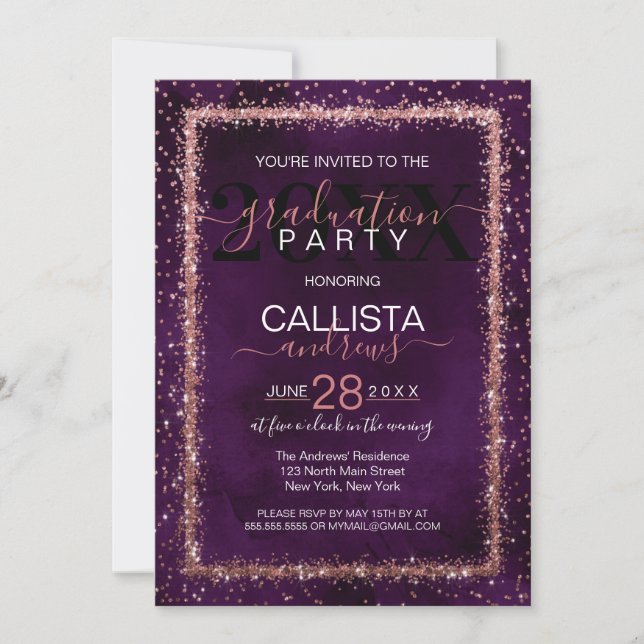 Violet Rose Gold Sprinkled Confetti Graduation Invitation (Front)