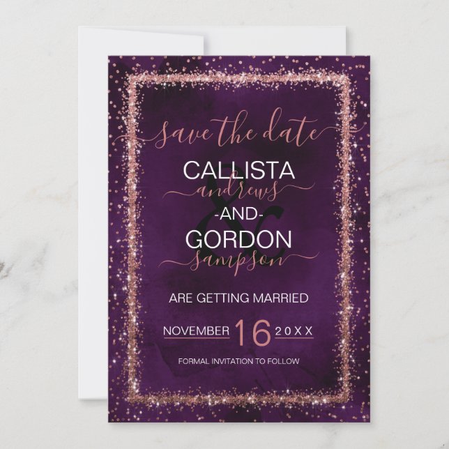 Violet Rose Gold Sprinkled Confetti Wedding Save The Date (Front)