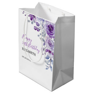 Violet Rose Greenery Floral Birthday  Medium Gift Bag