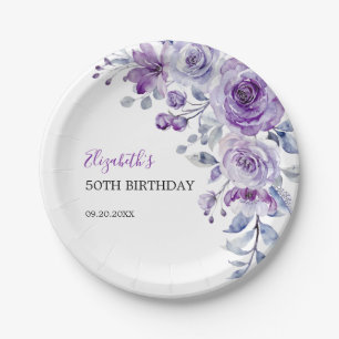 Violet Rose Greenery Floral Birthday Paper Plate