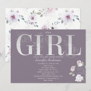 Violet Rose Silver Baby Girl Shower Invitation