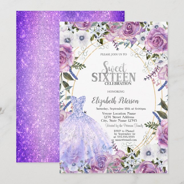 Violet Roses Dress Sequins Sweet 16  Invitation (Front/Back)