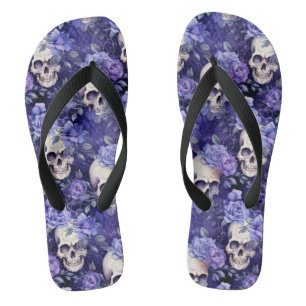 Violet Roses with Skulls Flip Flops
