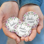 Violet & Sage Bridesmaid 6 Cm Round Badge<br><div class="desc">Identify the key players at your bridal shower with our elegant,  sweetly chic floral buttons. Button features pink and violet purple watercolor flowers and green leaves,   with "bridesmaid" inscribed inside in calligraphy script.</div>