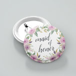 Violet & Sage Maid of Honour 6 Cm Round Badge<br><div class="desc">Identify the key players at your bridal shower with our elegant,  sweetly chic floral buttons. Button features pink and violet purple watercolor flowers and green leaves,   with "maid of honour" inscribed inside in calligraphy script.</div>