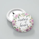 Violet & Sage Matron of Honour 6 Cm Round Badge<br><div class="desc">Identify the key players at your bridal shower with our elegant,  sweetly chic floral buttons. Button features pink and violet purple watercolor flowers and green leaves,   with "matron of honour" inscribed inside in calligraphy script.</div>