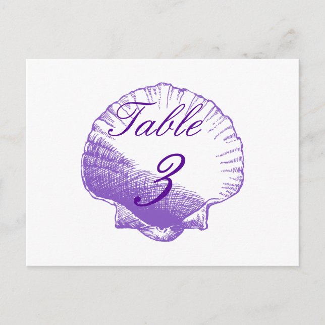 Violet Shells Beach Wedding Table Number Cards (Front)