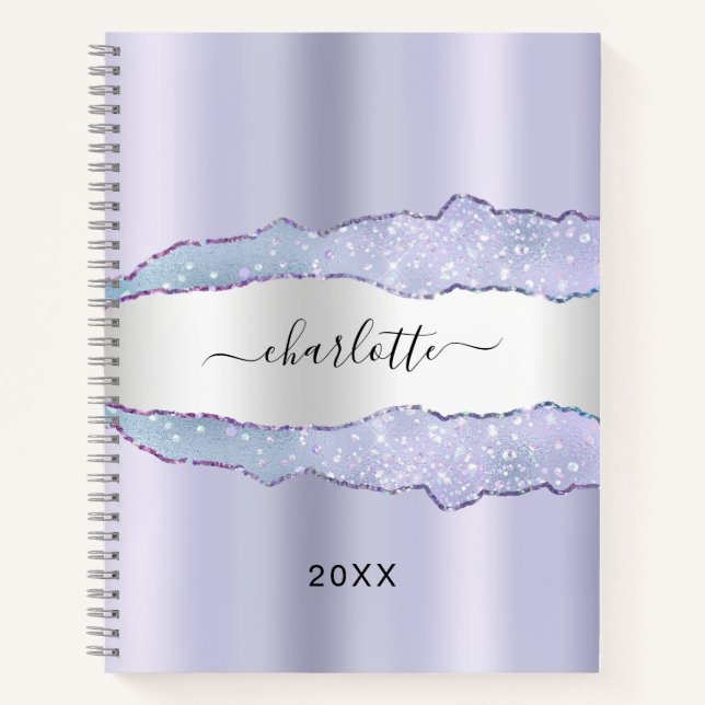 Violet silver agate marble name  notebook (Front)