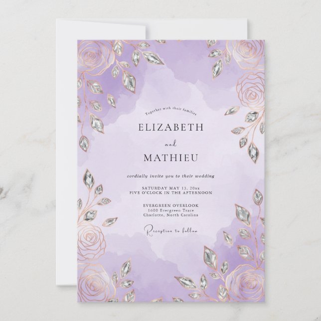 Violet Silver Leaf Wedding Invitation (Front)