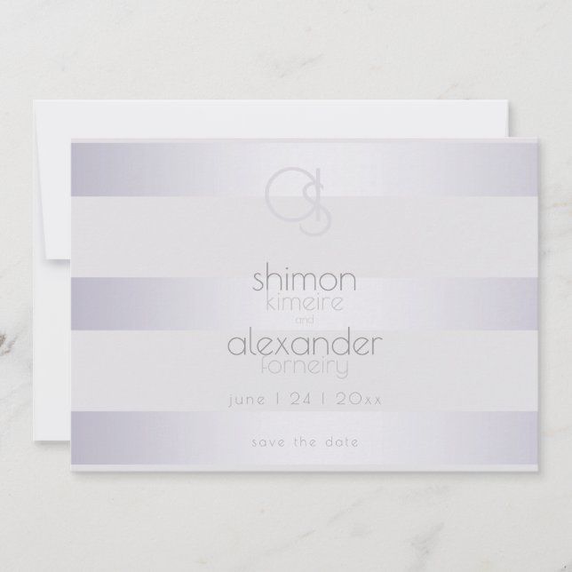 Violet Silver  Shimmer Stripes Monogram Save The Date (Front)
