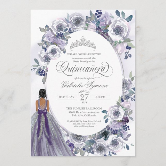 Violet Silver White Watercolor Floral Quinceanera  Invitation (Front)