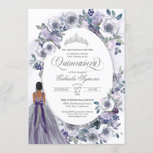 Violet Silver White Watercolor Floral Quinceanera Invitation