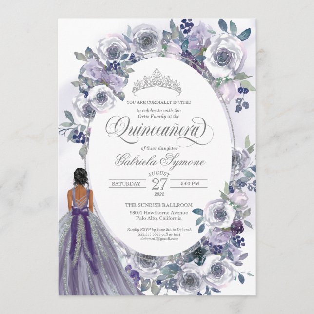 Violet Silver White Watercolor Floral Quinceanera  Invitation (Front)