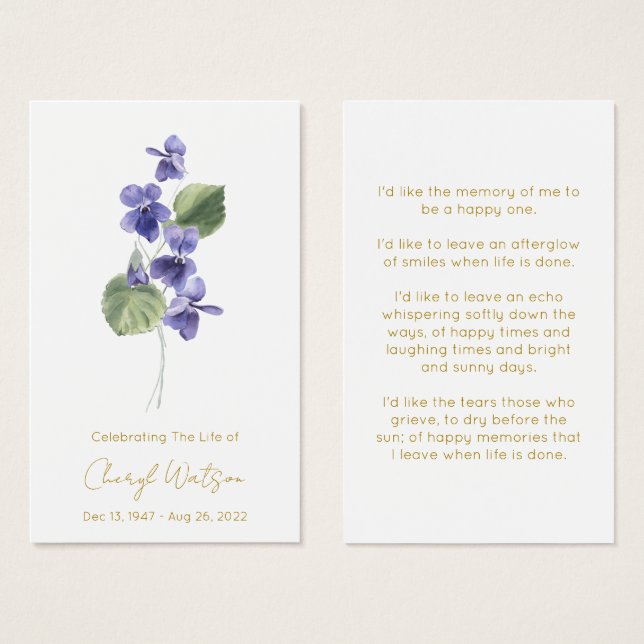 Violet | Simple Funeral Memorial Prayer Card (Front & Back)