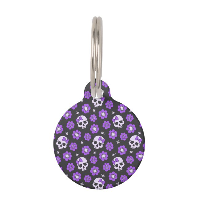 Violet Skulls and Flowers Pet Tag (Front)