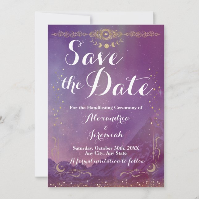 Violet Sky Gold Moon Save The Date Invitation (Front)