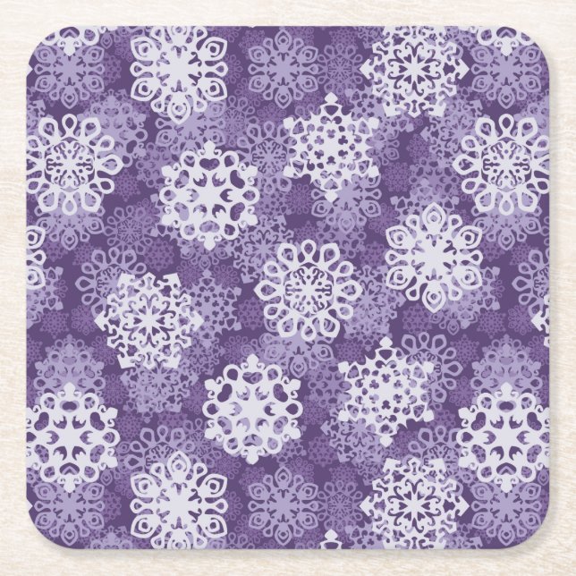 Violet Snowflakes Pattern Square Paper Coaster (Front)
