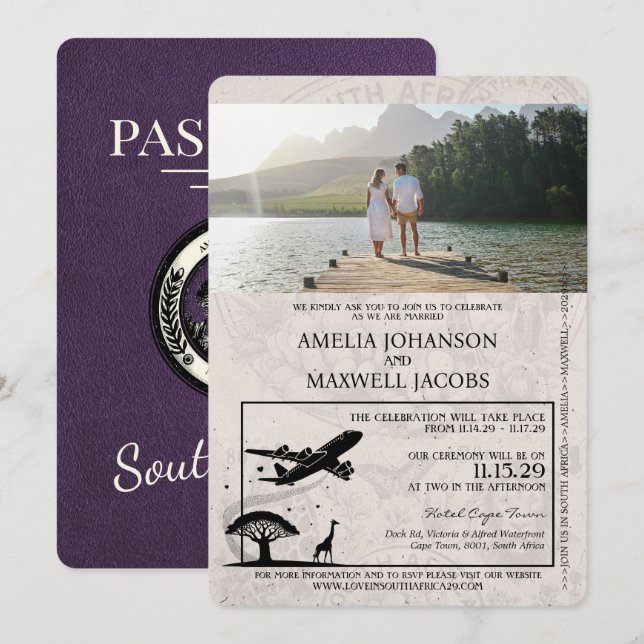 Violet South Africa Passport Wedding Invitation (Front/Back)