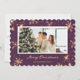 Violet Sparkling Snowflake Photo Christmas Card