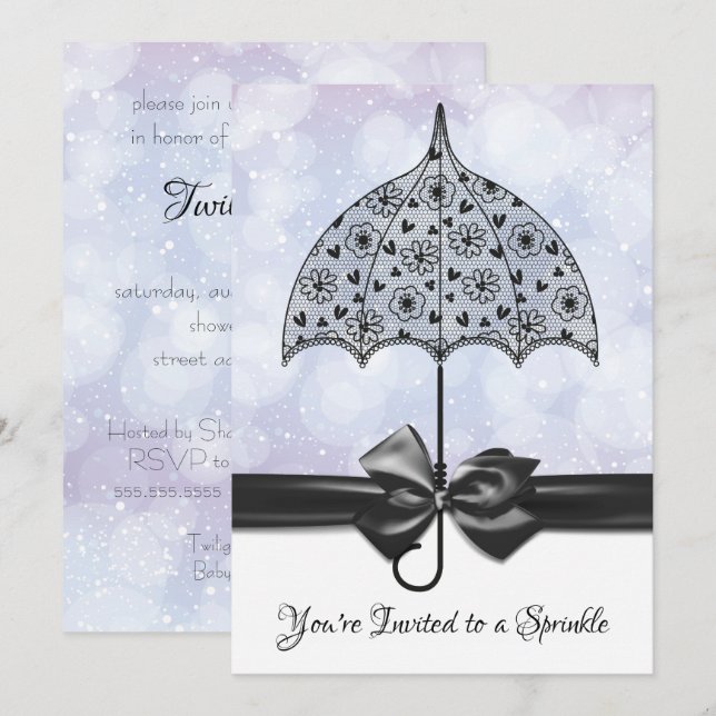 Violet  Sprinkle Baby Shower  Black Lace Umbrella Invitation (Front/Back)