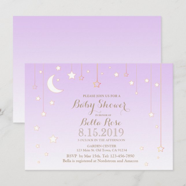 Violet star moon baby girl baby shower invitation (Front/Back)