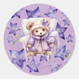 Violet Teddy Bear Chair Stars Girl Baby Shower Classic Round Sticker