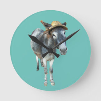 Violet the Donkey in Straw Hat with Flowers Round Clock