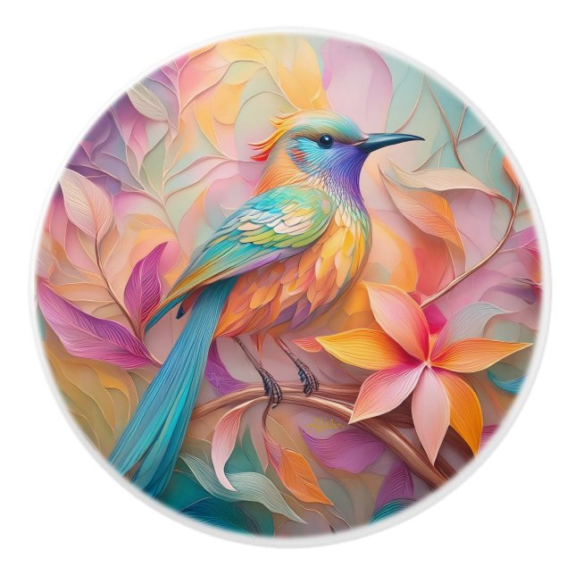 Violet Throated Songbird Fantasy Bird Ceramic Knob (Front)