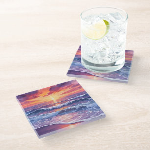 Violet Tide Purple Sunset Ocean Waves Painted Glass Coaster